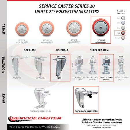 Service Caster 5 Inch SS Red Polyurethane 12mm Threaded Stem Caster with Total Lock Brake SCC-SSTSTTL20S514-PPUB-RED-M1215